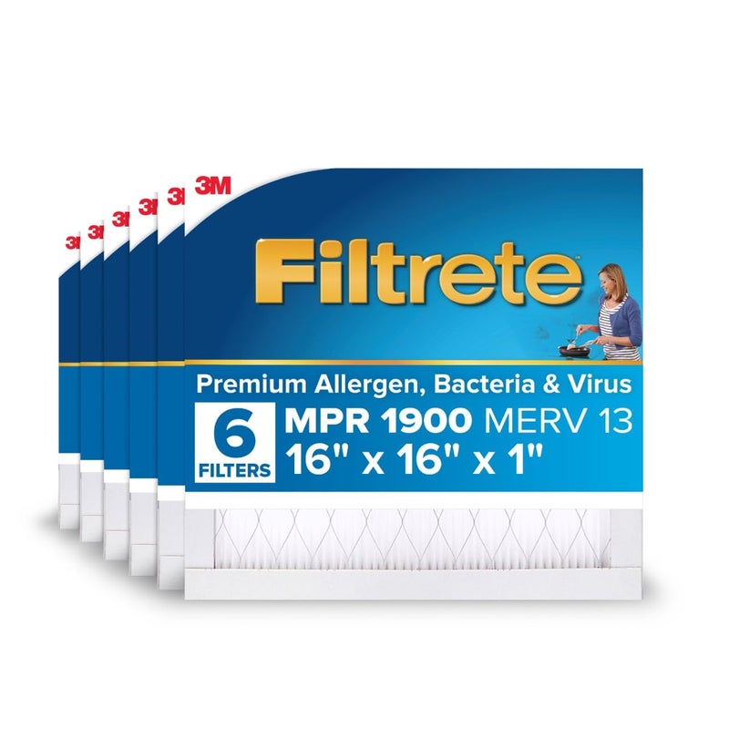 Filtrete 16x16x1 AC Furnace Air Filter, MERV 13, MPR 1900, Premium Allergen, Bacteria & Virus Filter, 3-Month Pleated 1-Inch Electrostatic Air Cleaning Filter, 6-Pack (Actual Size 15.81x15.81x0.78 in) - Image 1